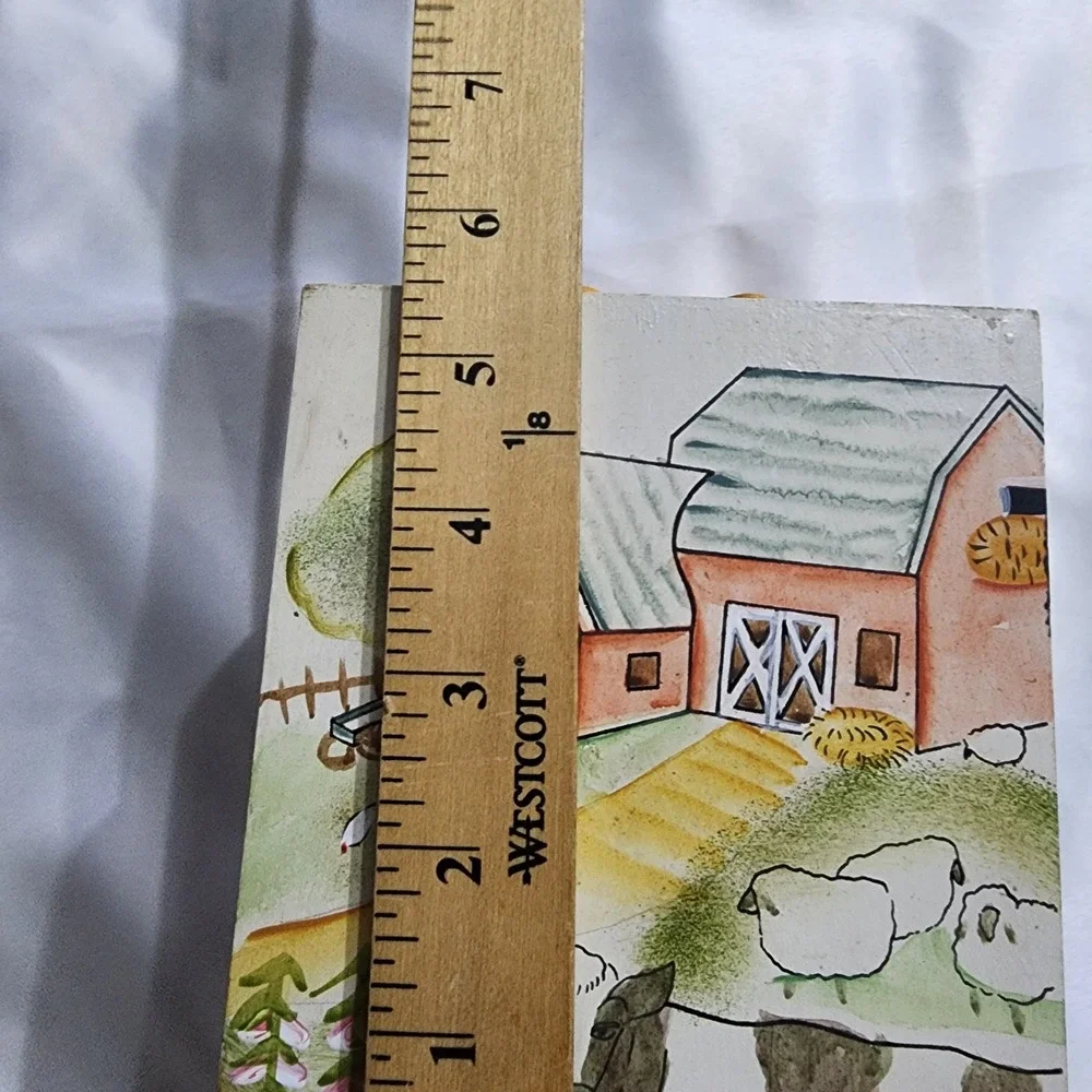 Vintage Hand Painted Wooden Farmhouse Tissue Box Cover Sunflower Barn Scene
